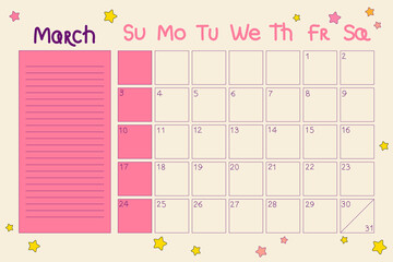 Calendar 2024 March. Planner with dates and notes in doodle style. Cute and cartoony design in hippie retro style. Vector illustration with editable stroke. Fun planner with stars
