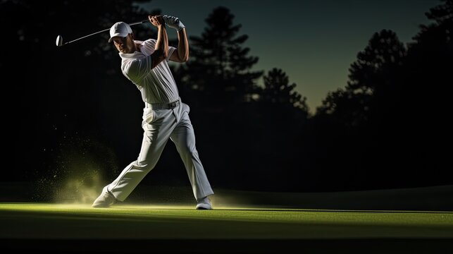 Model showcasing a golfer's swing stance, emphasizing form and technique, set on a golf course