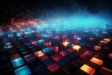 Fototapeta premium Dynamic technology background with a captivating blue and orange color theme. Perfect for adding a modern and vibrant touch to your creative projects. Ai generated