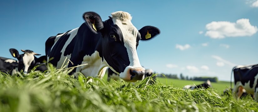 Holstein cows eating grass in a clean natural environment under a clear blue sky With copyspace for text