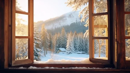 Zelfklevend Fotobehang Oude deur winter landscape view from open window generated by AI tool