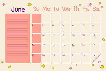 Calendar 2024 June. Retro planner with dates and notes in doodle style. Cartoon design in 70s hippie style. Vector illustration with editable stroke. Cute planner with decor