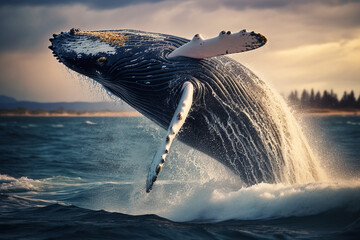 Fototapeta premium Majestic moment when a colossal blue whale breaches the ocean's surface, defying gravity in a breathtaking display of power and grace. Ai generated