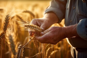Elderly Farmer in Wheat Field at Sunset