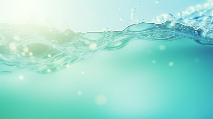 rendy summer nature banner. Defocused aqua-mint liquid colored clear water surface texture with splashes bubbles. Water waves in sunlight background