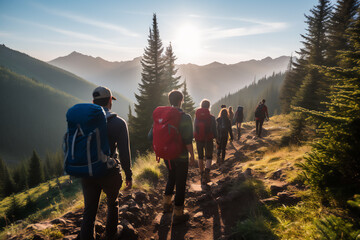 A group of people hiking through the mountains in nice weather. Wearing trekking clothes and mountain landscape in the background - obrazy, fototapety, plakaty