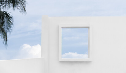 Architecture minimal exterior white wall cement surface texture,Concrete house with open window against blue sky and clouds, Modern building geometry with summer sky and coconut palm leaves