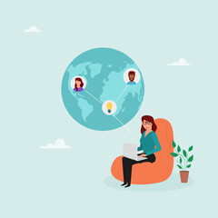 The team works remotely. A woman sits in a chair with a laptop and talks with colleagues from different places around the globe. Online video call, freelancers discussing a project. Vector illustratio