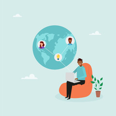The team works remotely. A man sits in a chair with a laptop and talks with colleagues from different places around the world. Online video call, freelancers discussing a project. Vector illustration.