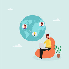 The team works remotely. A man sits in a chair with a laptop and talks with colleagues from different places around the world. Online video call, freelancers discussing a project. Vector illustration.