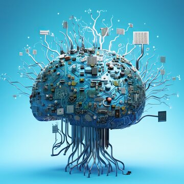 A lot of microchips mixtured with brains. Generative AI.
