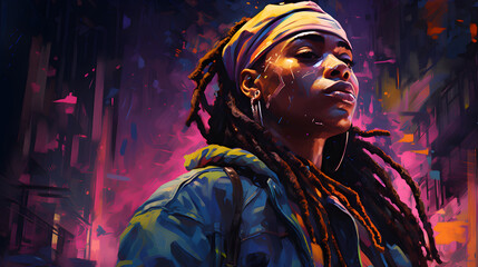Fototapeta na wymiar young afro-descendant rappers oil painting, rap concept, urban music, reggaeton, street, gangs