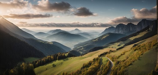 The sun-kissed mountains come alive in the summer as an aerial perspective captures a meandering dirt road connecting the vibrant, green slopes, an idyllic scene that beckons ai generated - obrazy, fototapety, plakaty