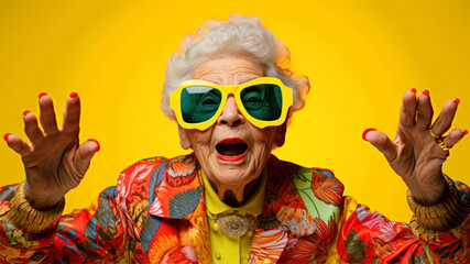 Portrait of an elderly woman in sunglasses on a yellow background.