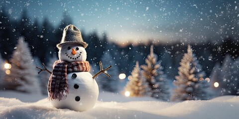 Obraz premium A cute smiling snowman in the biggest of the snow with a background. bokeh a Christmas tree and house the mountain. It's a blurred background. Generative AI