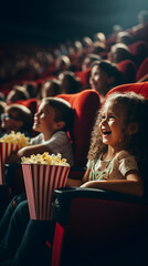 Kids laugh and enjoy a movie, munching on popcorn in the cinema - obrazy, fototapety, plakaty