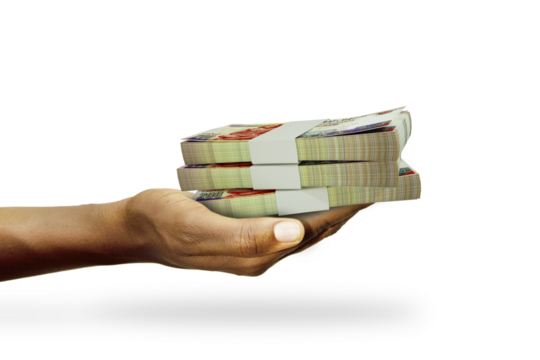Hand Holding 3D rendering of stacks of 200 Egyptian pound notes isolated on transparent background