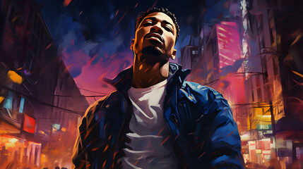 Obraz premium young afro-descendant rappers oil painting, rap concept, urban music, reggaeton, street, gangs