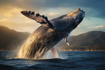 Fototapeta premium Majestic moment when a colossal blue whale breaches the ocean's surface, defying gravity in a breathtaking display of power and grace. Ai generated