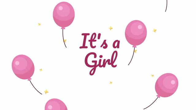 Its girl gender reveal balloons cartoon greeting card animation. Baby shower party 4K video motion graphic. Infant anticipation colorful holiday postcard animated flat 2D ecard, white background