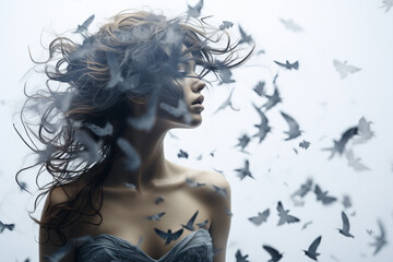 Woman portrait, where her flowing hair seamlessly transforms into a graceful flock of birds in flight, symbolizing a sense of liberation freedom. Ai generated