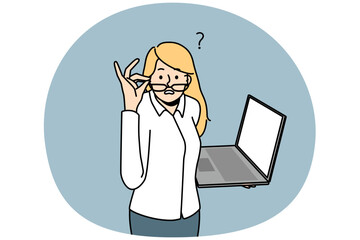 Frustrated businesswoman with laptop feel confused with problem on gadget. Stunned woman with computer shocked with news on device. Vector illustration.