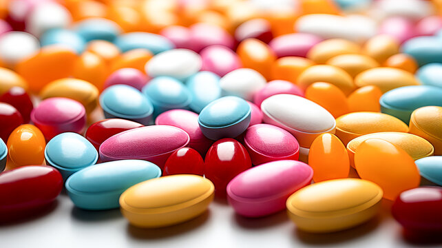 Close up of colorful pills on reflective surface. Focus on foreground.
