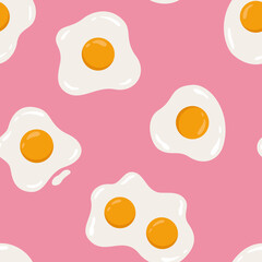 Seamless pattern with different shaped fried eggs on pink background. Diet or healthy food theme. Vector illustration.