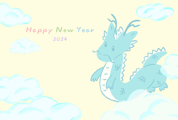 2024 Year of the Dragon, Yumekawa pastel colored dragon hand-drawn illustration New Year's card / 2024年辰年、ゆめかわパステルカラーのドラゴンの手描きイラスト年賀状