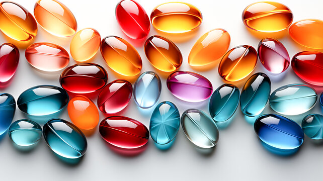 Isolated multicolored medical capsules lie on a light background. Top view.