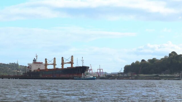A tug pilot vessel sailing in front of a bulk cargo carrier parked at a Cork harbor