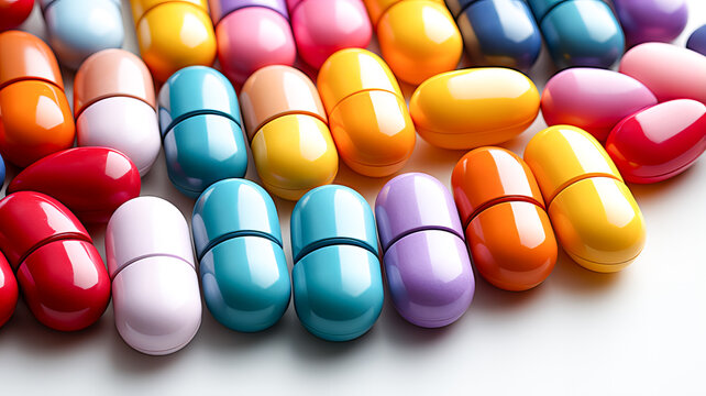 Close up of colorful pills on reflective surface. Focus on foreground.