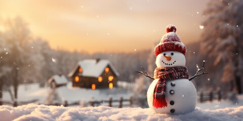 A cute smiling snowman in the biggest of the snow with a background. bokeh a Christmas tree and house the mountain. It's a blurred background. Generative AI