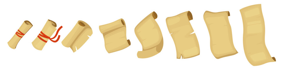 Parchment opening. Old parchment roll animation frames vintage map certificate document with torn edges, ancient manuscript cartoon style. Vector set