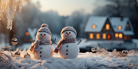 A cute smiling snowman in the biggest of the snow with a background. bokeh a Christmas tree and house the mountain. It's a blurred background. Generative AI