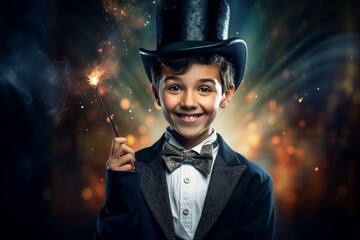 Young Magician with Magic Wand and Top Hat. Generative ai - obrazy, fototapety, plakaty