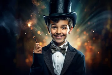 Fotobehang Young Magician with Magic Wand and Top Hat. Generative ai © AIstudio1