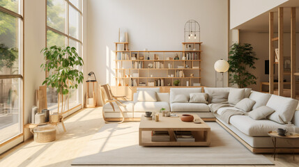 3D digital art of an open Muji style interior living room