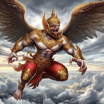 Garuda has the body of a person, the back of a bird and has wings. A deity in Indian and Buddhist mythology.