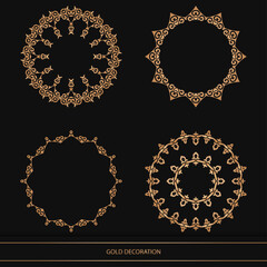 Set of 4 Luxury ornamental element design and frame gold color on black background. Design template for wallpaper. Isolated ornament. Vector Illustration.	