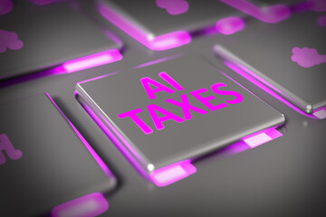 Illustration with a close-up of the keyboard and the AI TAXES button. Background on the topic of tax management using artificial intelligence. Financial management using AI.