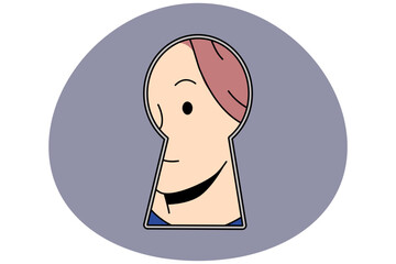 Woman peep in keyhole looking for secret or hidden information. Curious suspicious female interested in secrecy or gossips. Vector illustration.