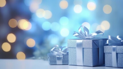 Christmas blue gift boxes with silver ribbon on blurred background with beautiful bokeh. Xmas greeting card. Copy space