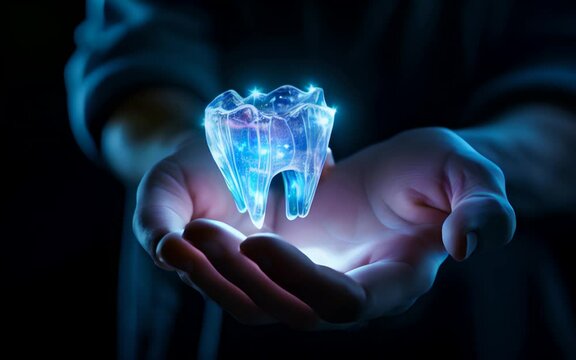 A person holds a glowing 3D tooth against a dark background. Concept of advertising dentist and healthy teeth. Generative AI