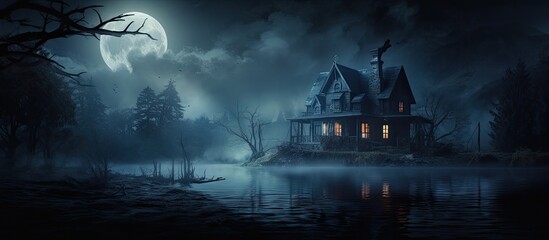 Fototapeta na wymiar Lake house with a spooky atmosphere With copyspace for text