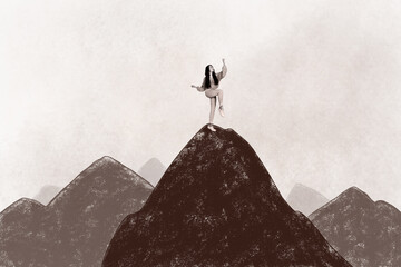 Poster image collage of successful girl climbing mountain success concept isolated on painted background
