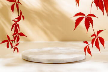 Marble podium with red autumn leaves, sunlight beautiful shadows. Showcase for home decoration,...