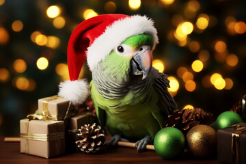 A cute small parrot wearing a Santa Claus hat, sitting between Christmas gifts and decor, sparkly bokeh background