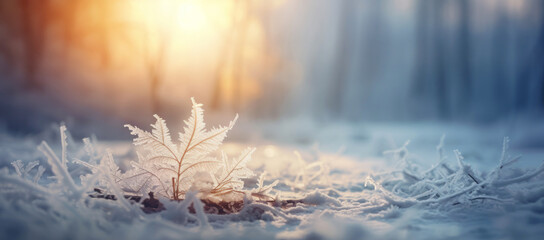 Winter season outdoors landscape, frozen plants in nature on the ground covered with ice and snow, under the morning sun - Seasonal background for Christmas wishes and greeting card - obrazy, fototapety, plakaty