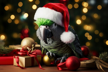 A cute green parrot wearing a Santa Claus hat, siting among Christmas presents and decorations, sparkle bokeh background
